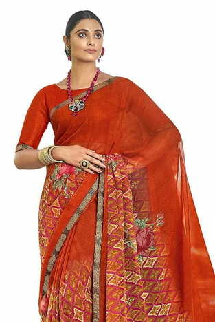 MGC Pure Georgette Dark Orange colour saree with blouse piece SP805