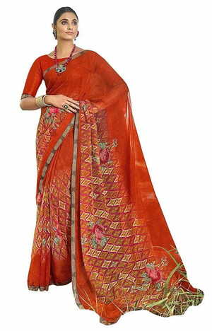 MGC Pure Georgette Dark Orange colour saree with blouse piece SP805