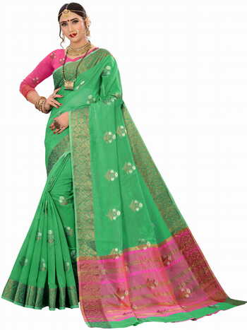 MGC Cotton Silk Green Colour saree with blouse Piece  SP267