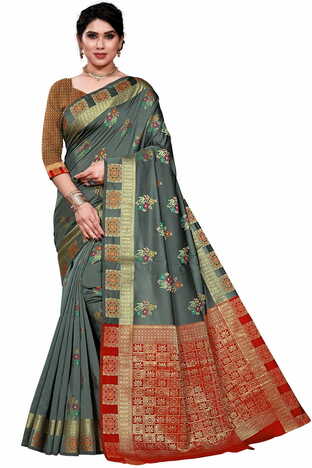 MGC Jacquard Silk Grey Colour Saree With Blouse Piece SP414