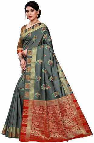 MGC Jacquard Silk Grey Colour Saree With Blouse Piece SP414