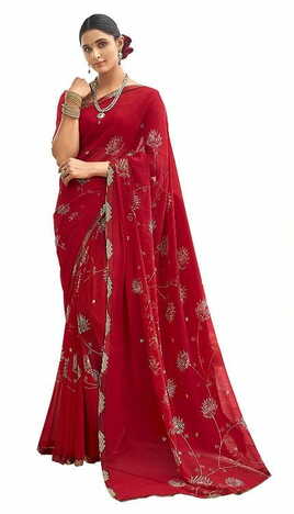 MGC Pure Georgette Dark Red colour saree with blouse piece SP806