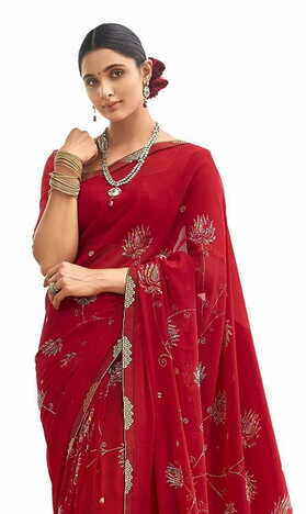 MGC Pure Georgette Dark Red colour saree with blouse piece SP806