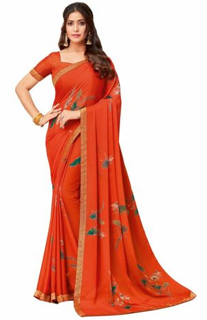 Georgette Orange Color Saree With Blouse Piece by MGC