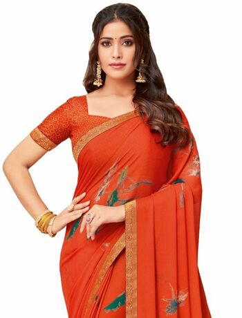 Georgette Orange Color Saree With Blouse Piece by MGC