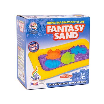 MGC Ratna's Fantasy Sand Wonder 500 Grams with Inflatable Tray, 1 Big Mould, 6 Small Moulds & 1 Toy Plastic Knife, Smooth, Non Sticky Kinetic Active Sand Set for Kids to Play. (Blue)