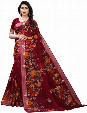 MGC Linen Maroon Colour saree with blouse piece SP354