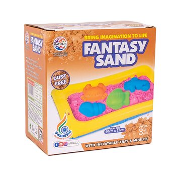 MGC Ratna's Fantasy Sand Wonder 500 Grams with Inflatable Tray, 1 Big Mould, 6 Small Moulds & 1 Toy Plastic Knife, Smooth, Non Sticky Kinetic Active Sand Set for Kids to Play. (Blue)