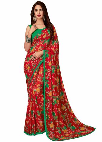 MGC Georgette Red colour saree with blouse piece SP875