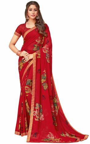 Georgette Red Color Saree With Blouse Piece by MGC