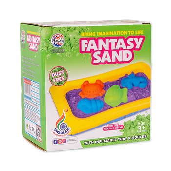 MGC Ratna's Fantasy Sand Wonder 500 Grams with Inflatable Tray, 1 Big Mould, 6 Small Moulds & 1 Toy Plastic Knife, Smooth, Non Sticky Kinetic Active Sand Set for Kids to Play. (Blue)