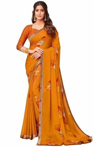 Georgette Yellow Color Saree With Blouse Piece by MGC