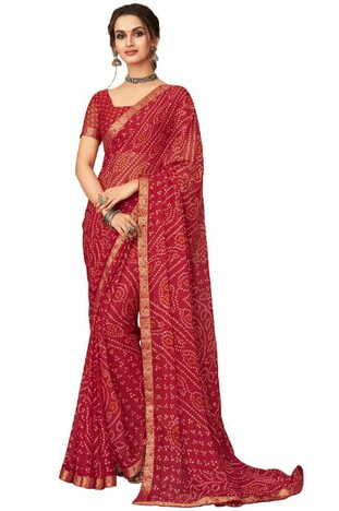 Chiffon Red Color Saree With Blouse Piece by MGC