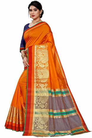 MGC Silk Jacquard Orange Colour Saree With Blouse Piece SP416