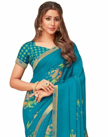 Georgette Blue Color Saree With Blouse Piece by MGC