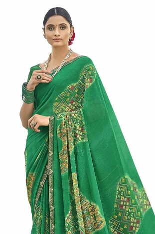 MGC Pure Georgette Green colour saree with blouse piece SP808