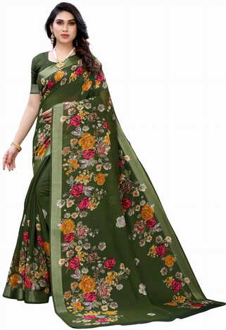 MGC Linen Green Colour saree with blouse piece SP352