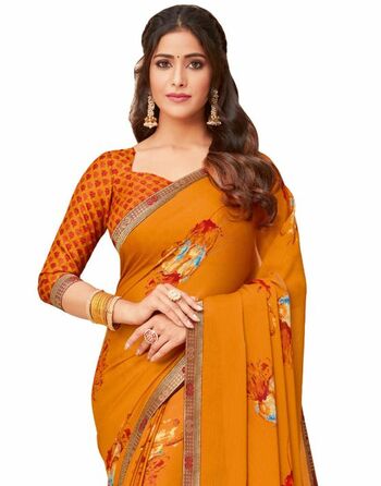 Georgette Yellow Color Saree With Blouse Piece by MGC