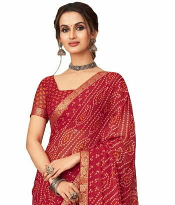 Chiffon Red Color Saree With Blouse Piece by MGC