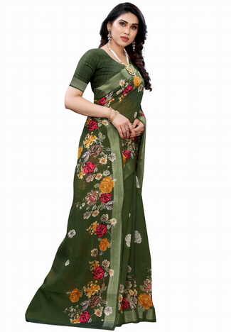 MGC Linen Green Colour saree with blouse piece SP352