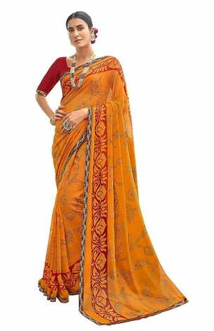 MGC Pure Georgette Orange colour saree with blouse piece SP809