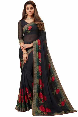 MGC Georgette Black colour saree with blouse piece SP987