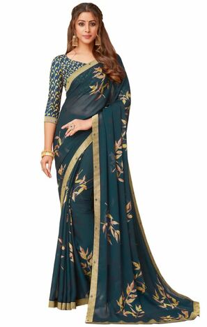 Georgette Sea Green Color Saree With Blouse Piece by MGC