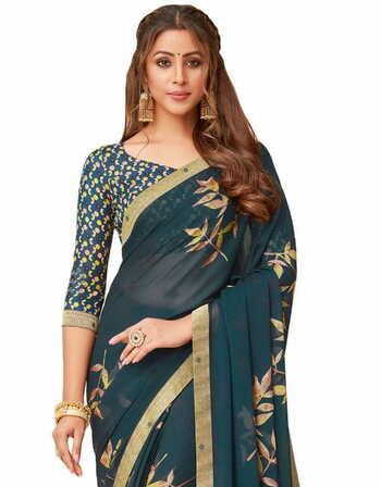 Georgette Sea Green Color Saree With Blouse Piece by MGC