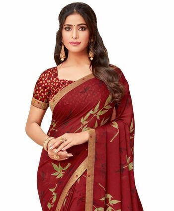 Georgette Red Color Saree With Blouse Piece by MGC